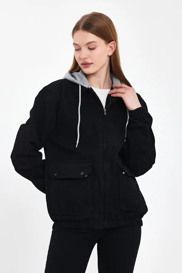 Veste en jean à capuche unisexe en coton avec col polo zippé