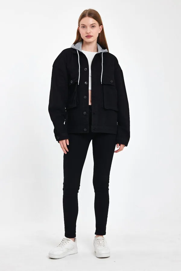 Veste en jean unisexe à capuche oversize en coton avec grandes poches