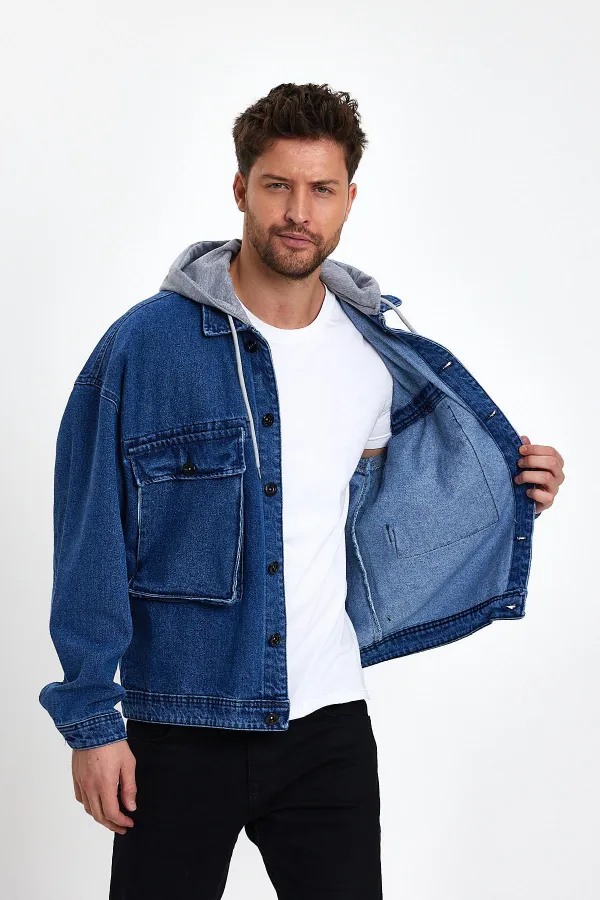 Unisex Pamuklu Büyük Cepli Oversize Kapüşonlu Kot Ceket