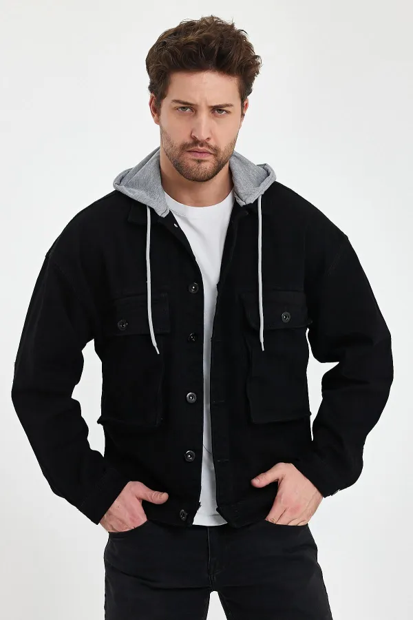 Veste en jean unisexe à capuche oversize en coton avec grandes poches