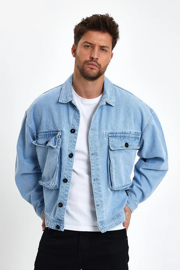 Veste en jean unisexe en coton avec col polo oversize et grandes poches