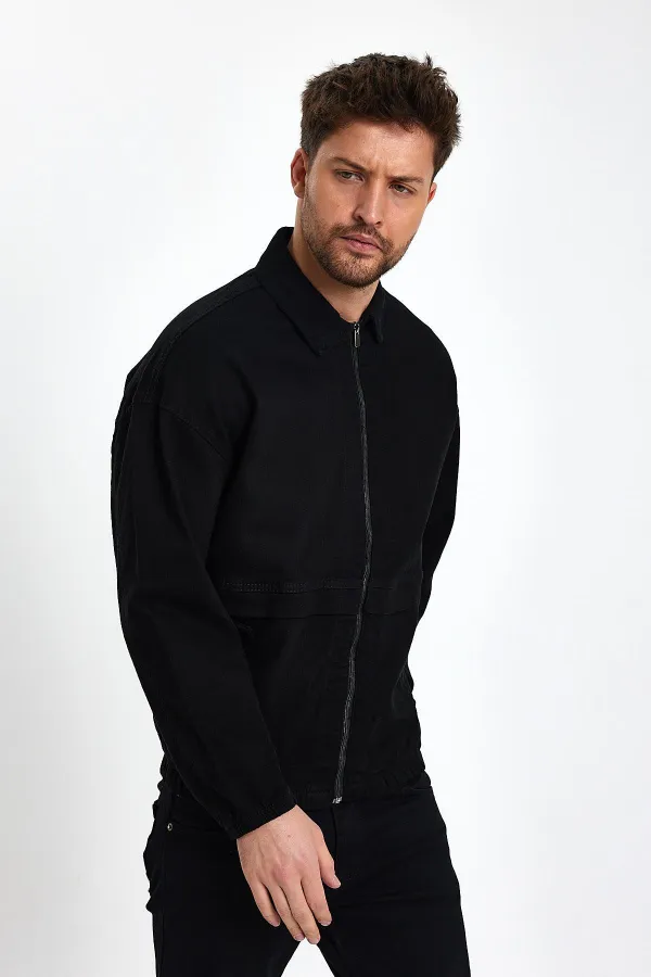 Erkek Pamuklu Fermuarlı Polo Yaka Kot Ceket