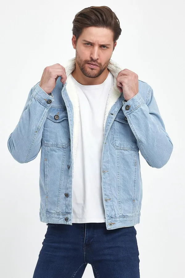 Veste en jean à col polo en coton pour homme avec doublure en fourrure