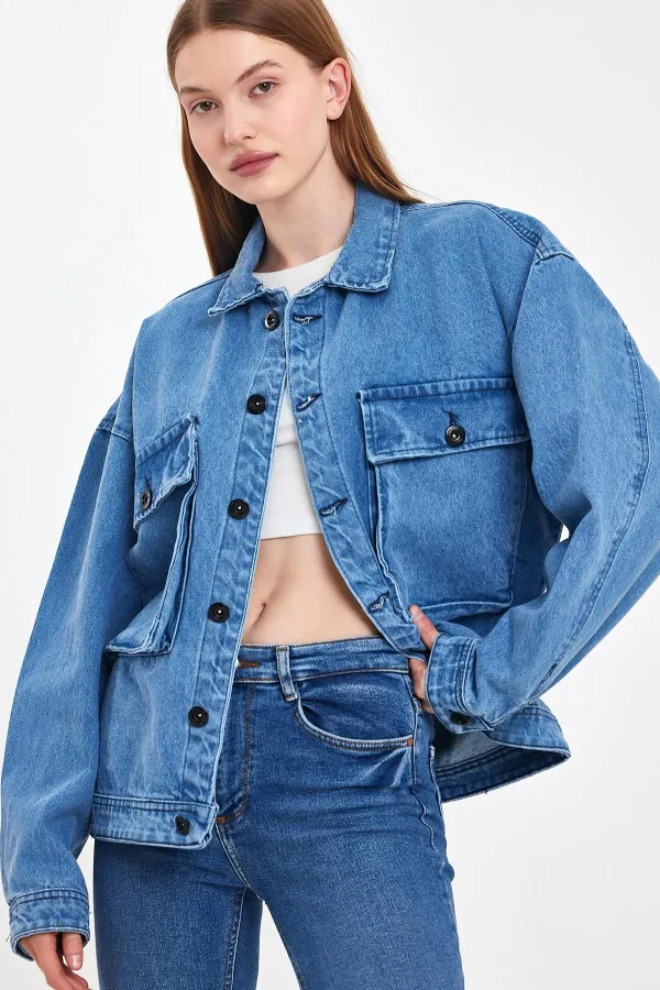 Unisex Pamuklu Büyük Cepli Oversize Polo Yaka Kot Ceket