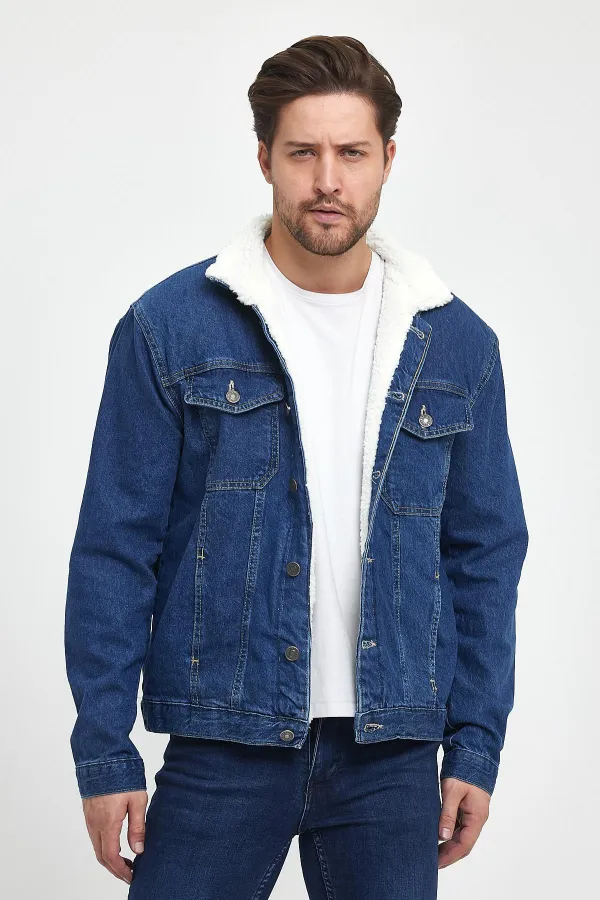 Veste en jean à col polo en coton pour homme avec doublure en fourrure