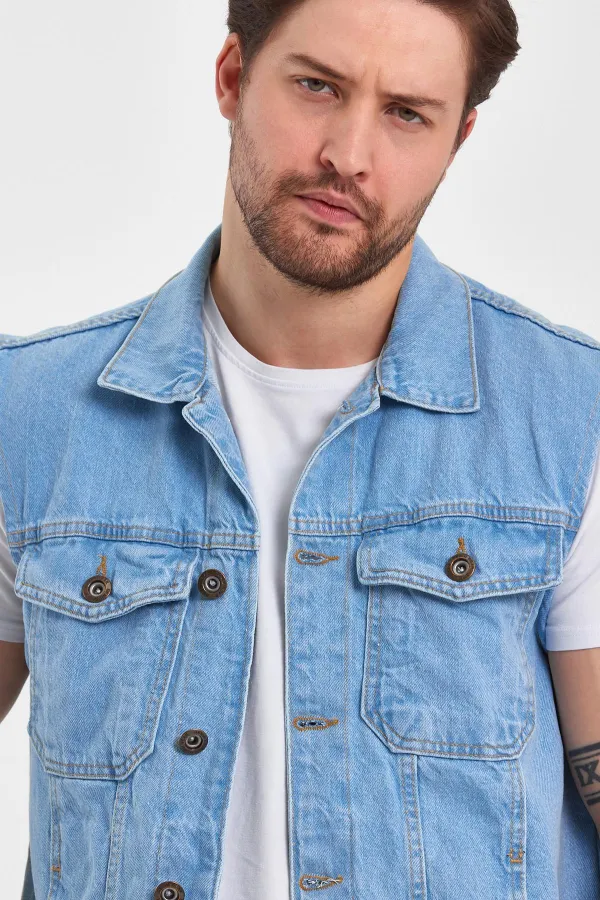 Gilet en jean classique à col polo en coton pour homme