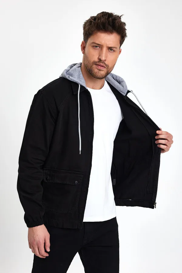 Veste en jean à capuche unisexe en coton avec col polo zippé