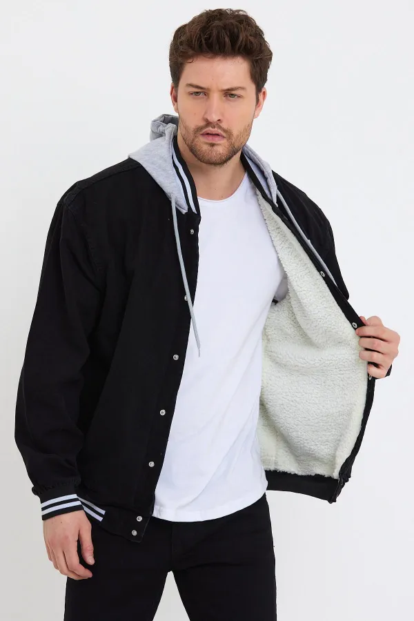 Veste universitaire en jean à capuche en coton et doublure en fourrure pour homme