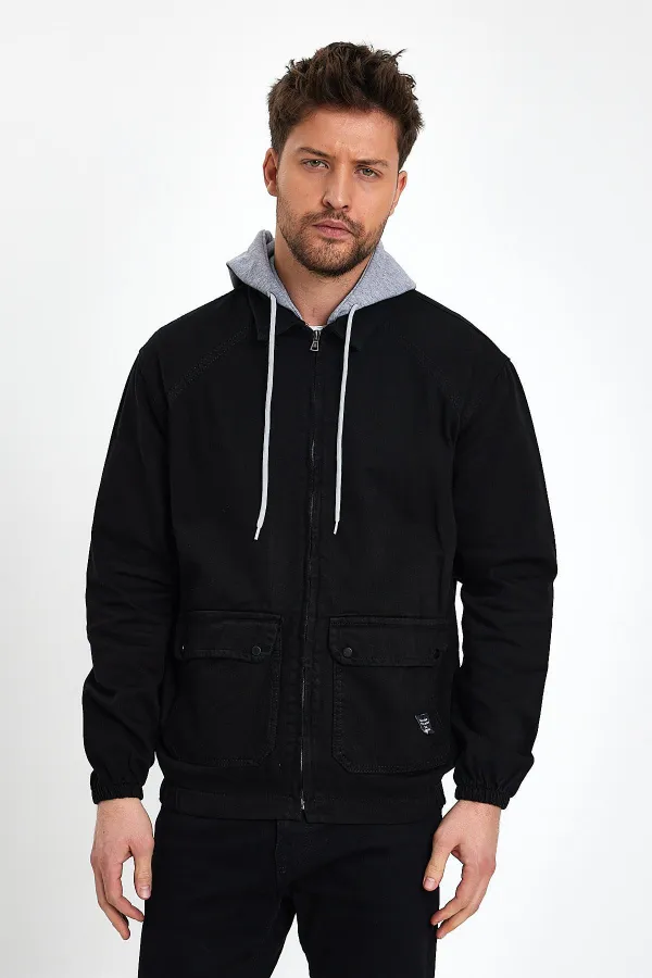 Veste en jean à capuche unisexe en coton avec col polo zippé