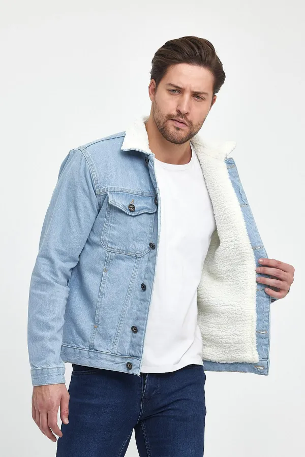 Veste en jean à col polo en coton pour homme avec doublure en fourrure