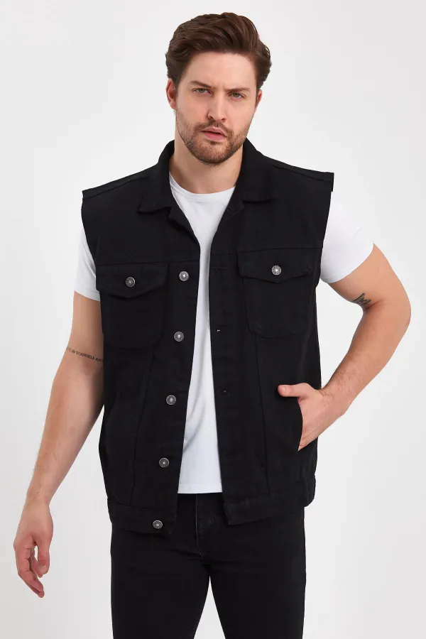 Gilet en jean à col polo imprimé texte pour homme