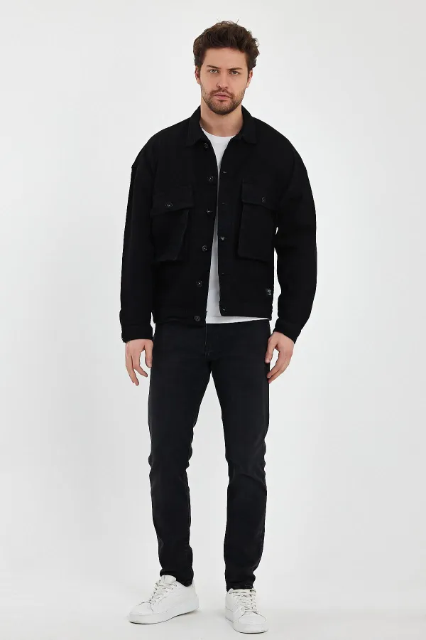 Veste en jean unisexe en coton avec col polo oversize et grandes poches