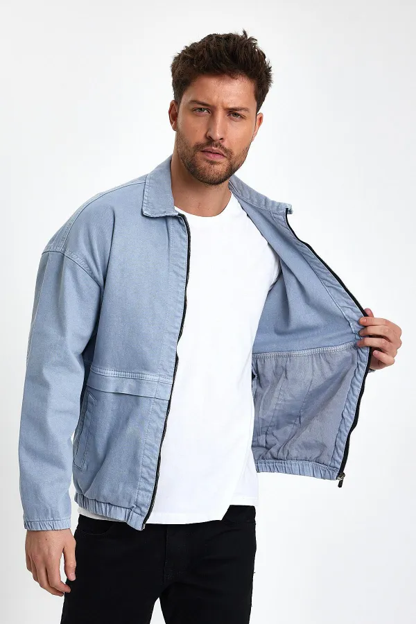 Veste en jean à col polo zippé en coton pour homme
