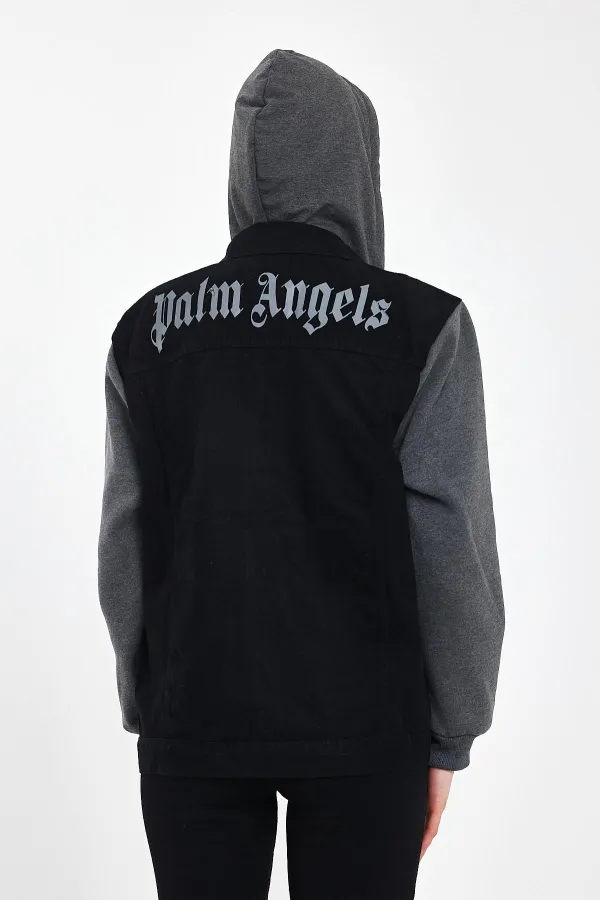 Unisex Pamuklu Yazı Baskılı Kapüşonlu Kot Ceket