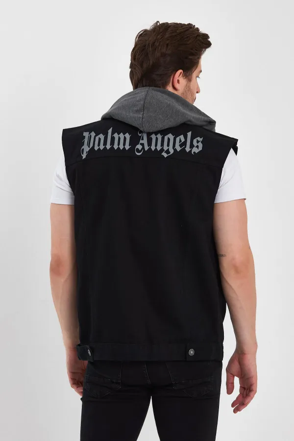 Erkek Yazı Baskılı Kapüşonlu Kot Yelek