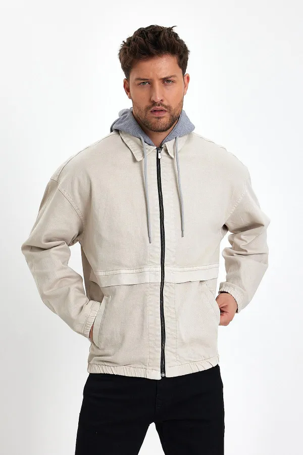 Erkek Pamuklu Fermuarlı Kapüşonlu Kot Ceket