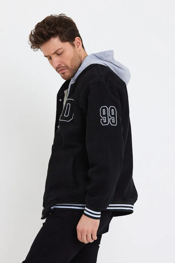 Veste universitaire en jean à capuche en coton et doublure en fourrure pour homme