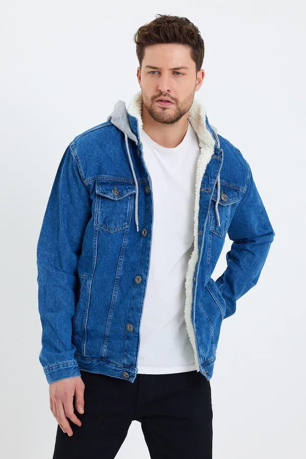 Erkek Pamuklu Kapüşonlu İçi Kürklü Kot Ceket