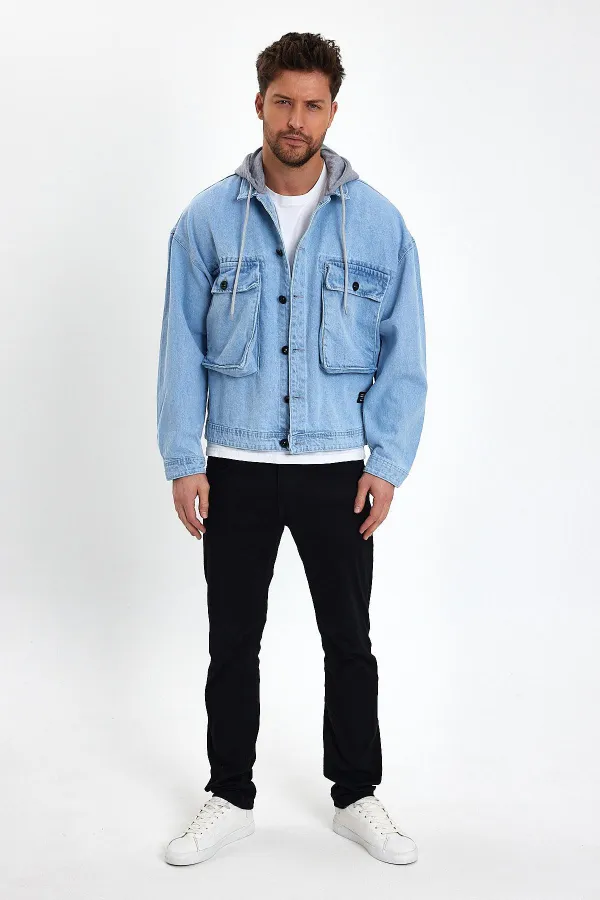 Unisex Pamuklu Büyük Cepli Oversize Kapüşonlu Kot Ceket