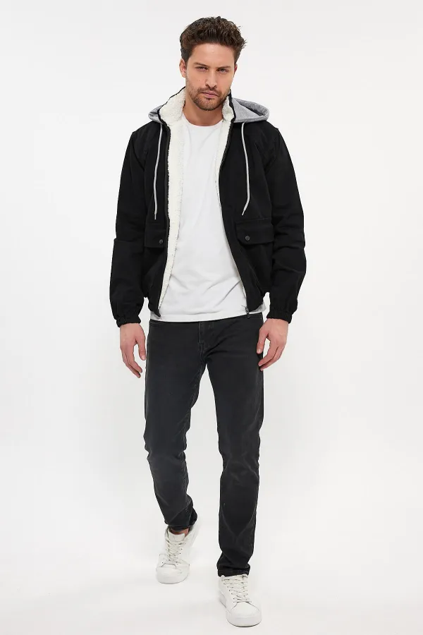 Veste en jean à capuche zippée en coton pour homme avec doublure en fourrure