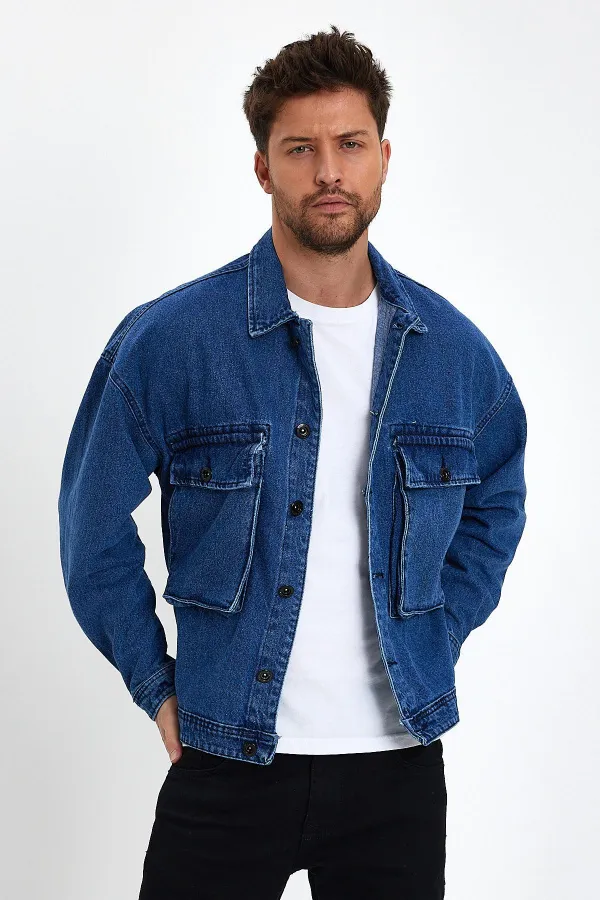 Unisex Pamuklu Büyük Cepli Oversize Polo Yaka Kot Ceket