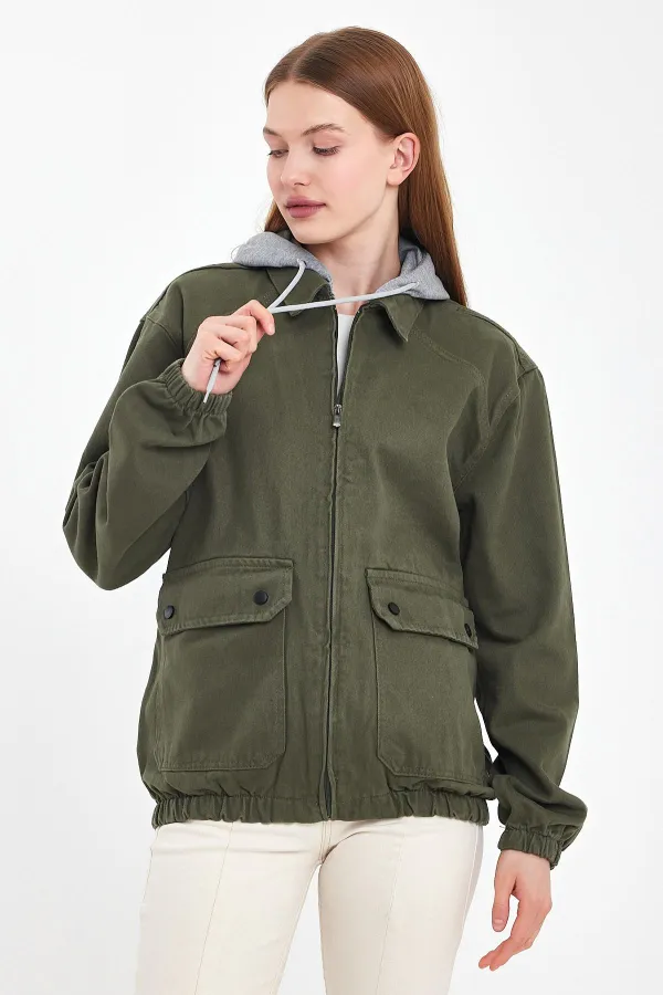 Unisex Pamuklu Fermuarlı Polo Yaka Kapüşonlu Kot Ceket