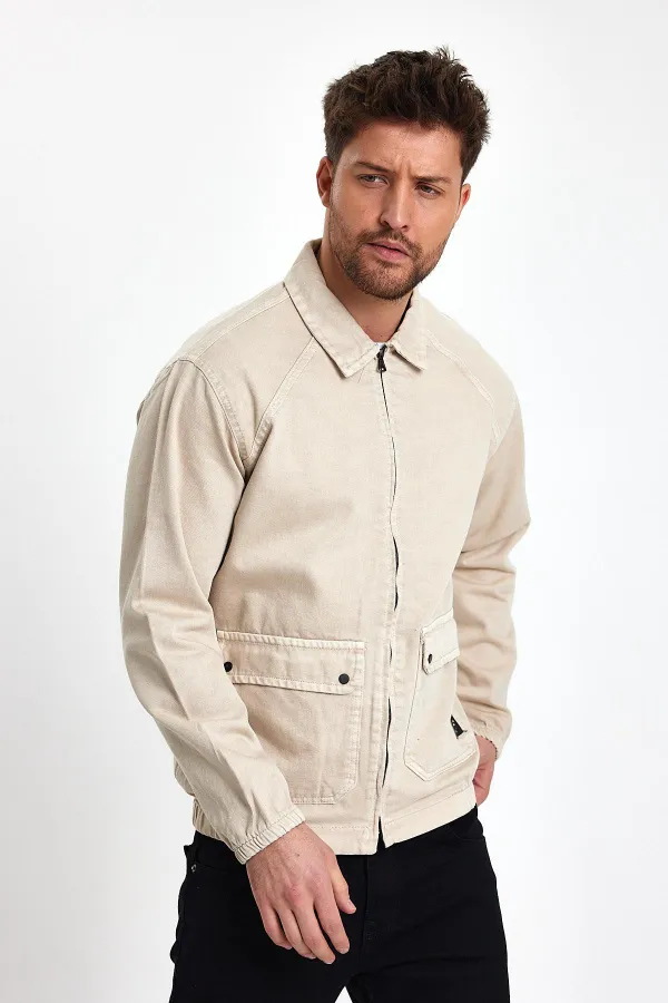 Veste en jean unisexe en coton à col polo zippé