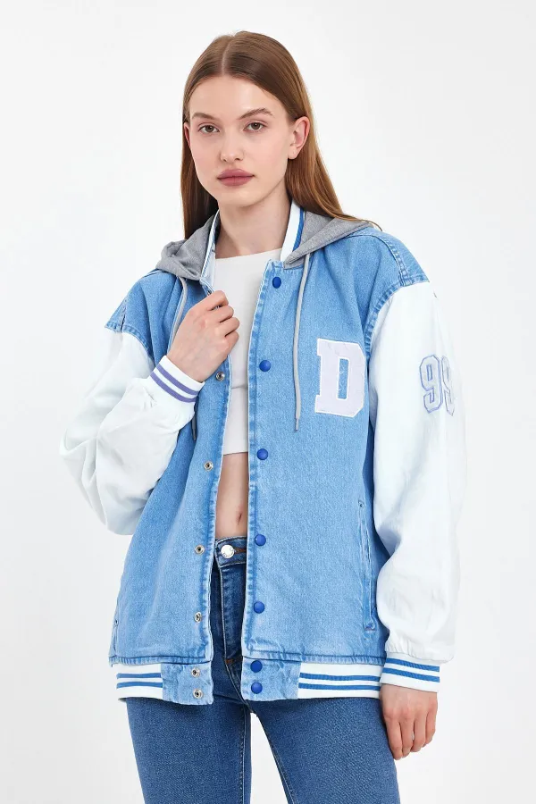 Unisex Pamuklu Kapüşonlu Oversize Kot Kolej Ceket