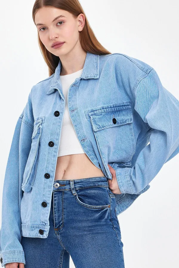 Veste en jean unisexe en coton avec col polo oversize et grandes poches