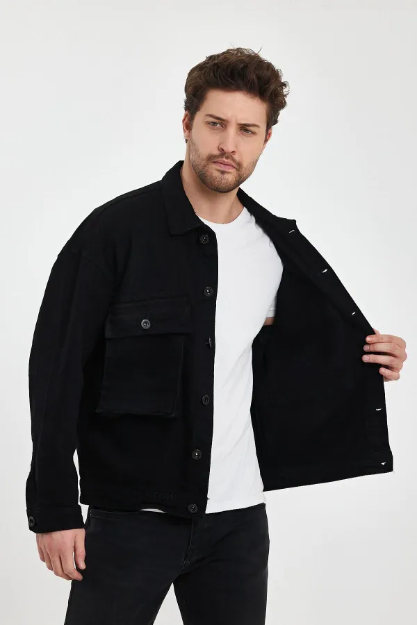 Veste en jean unisexe en coton avec col polo oversize et grandes poches