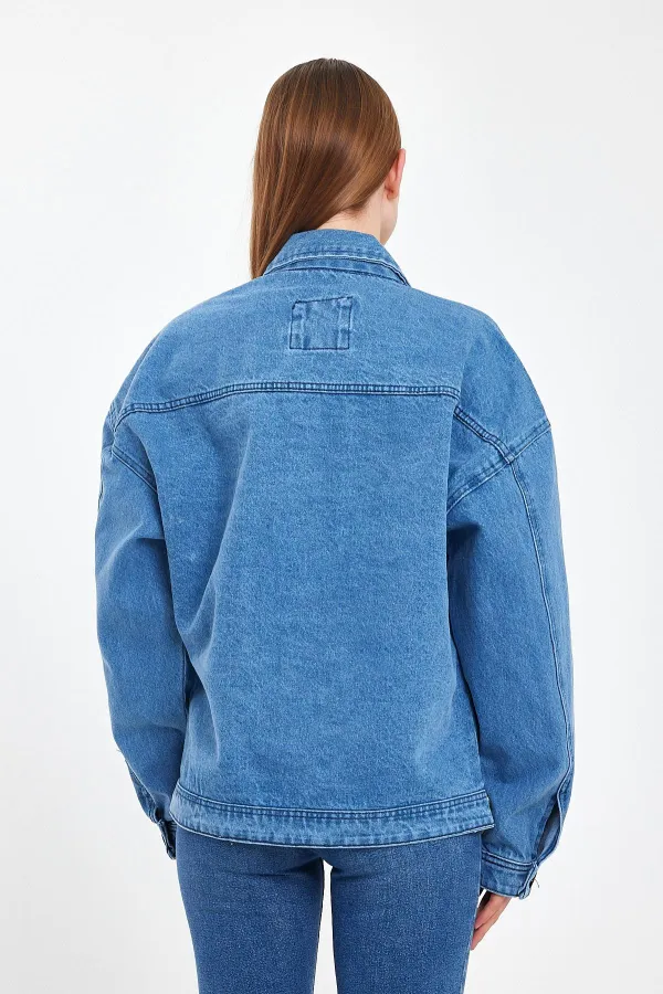 Unisex Pamuklu Büyük Cepli Oversize Polo Yaka Kot Ceket