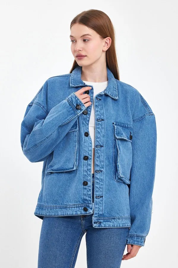 Unisex Pamuklu Büyük Cepli Oversize Polo Yaka Kot Ceket