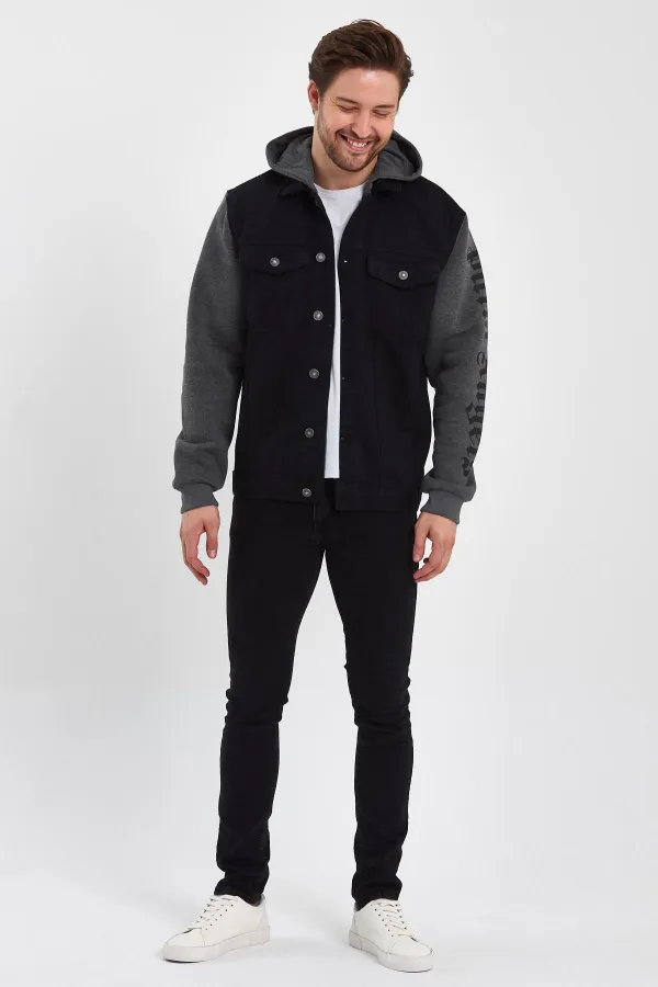 Unisex Pamuklu Yazı Baskılı Kapüşonlu Kot Ceket