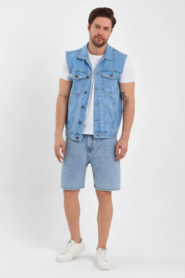 Gilet en jean classique à col polo en coton pour homme