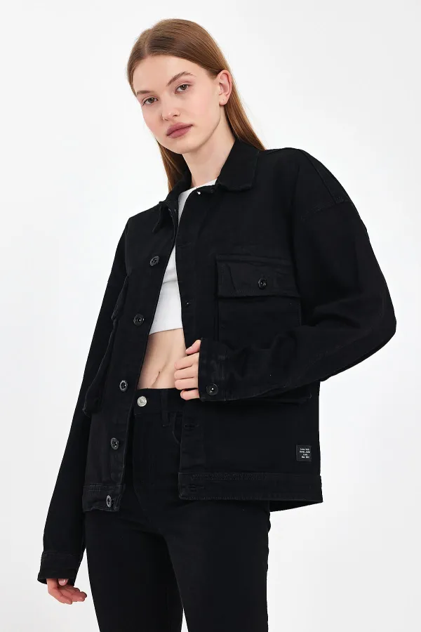Veste en jean unisexe en coton avec col polo oversize et grandes poches