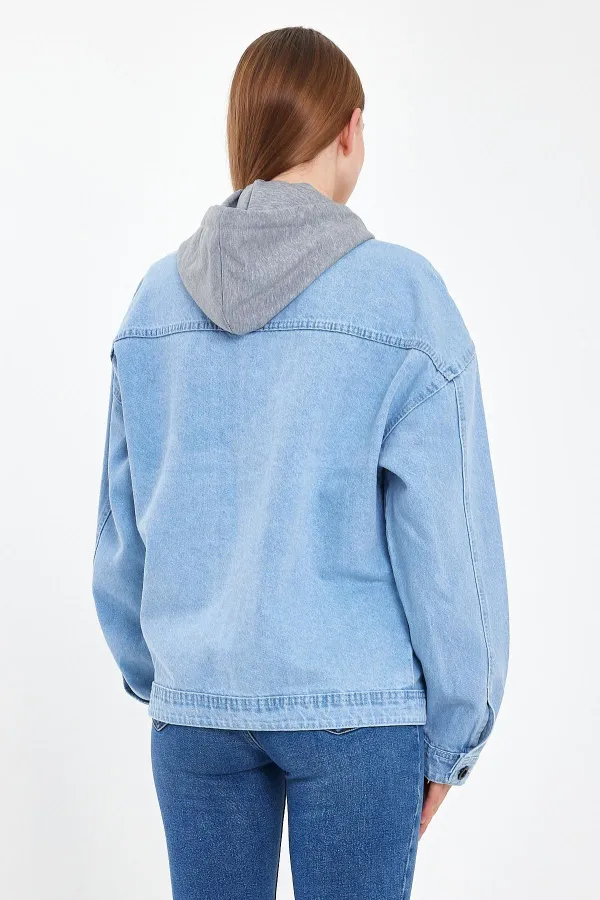 Unisex Pamuklu Büyük Cepli Oversize Kapüşonlu Kot Ceket