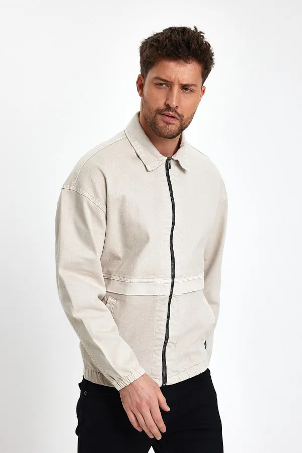 Erkek Pamuklu Fermuarlı Polo Yaka Kot Ceket