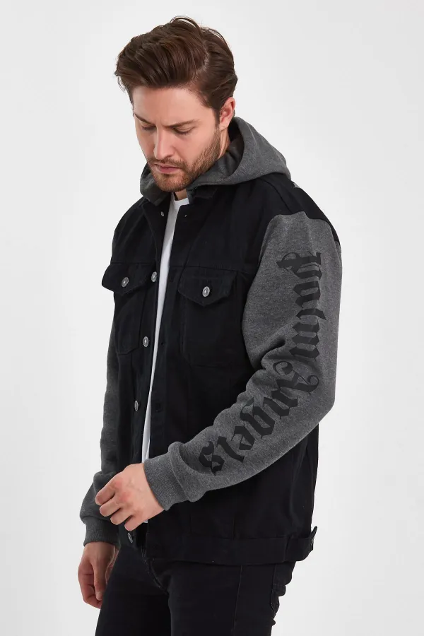 Unisex Pamuklu Yazı Baskılı Kapüşonlu Kot Ceket