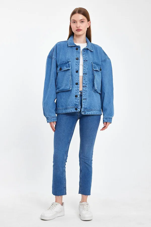 Unisex Pamuklu Büyük Cepli Oversize Polo Yaka Kot Ceket