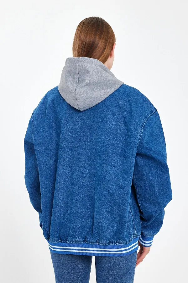 Unisex Pamuklu Kapüşonlu Oversize Kot Kolej Ceket