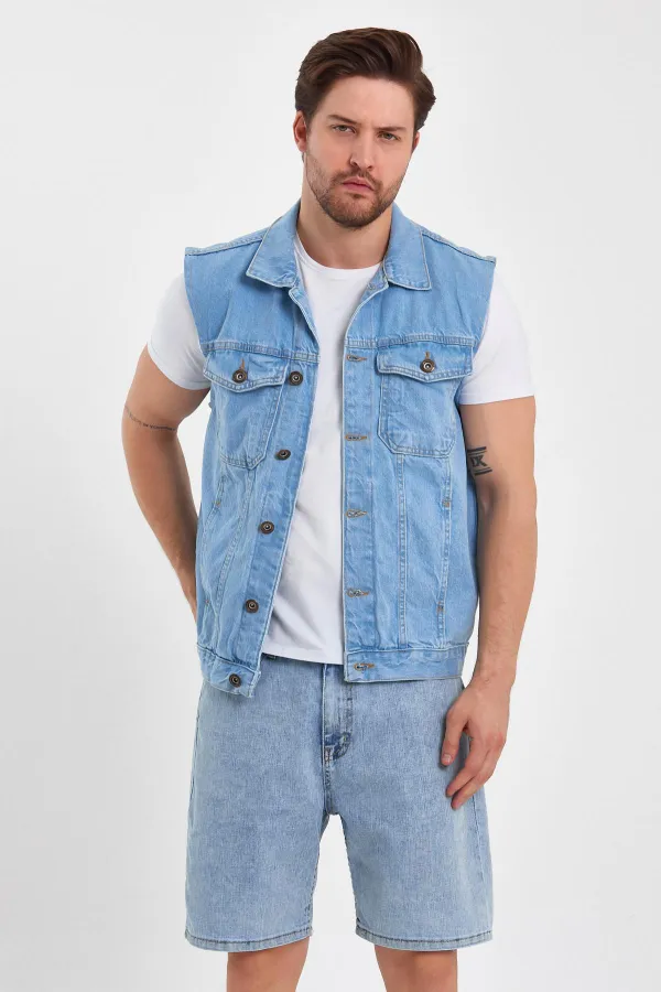 Gilet en jean classique à col polo en coton pour homme