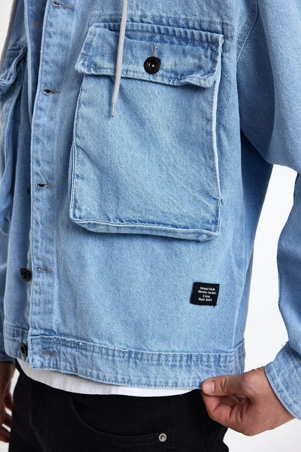 Unisex Pamuklu Büyük Cepli Oversize Kapüşonlu Kot Ceket