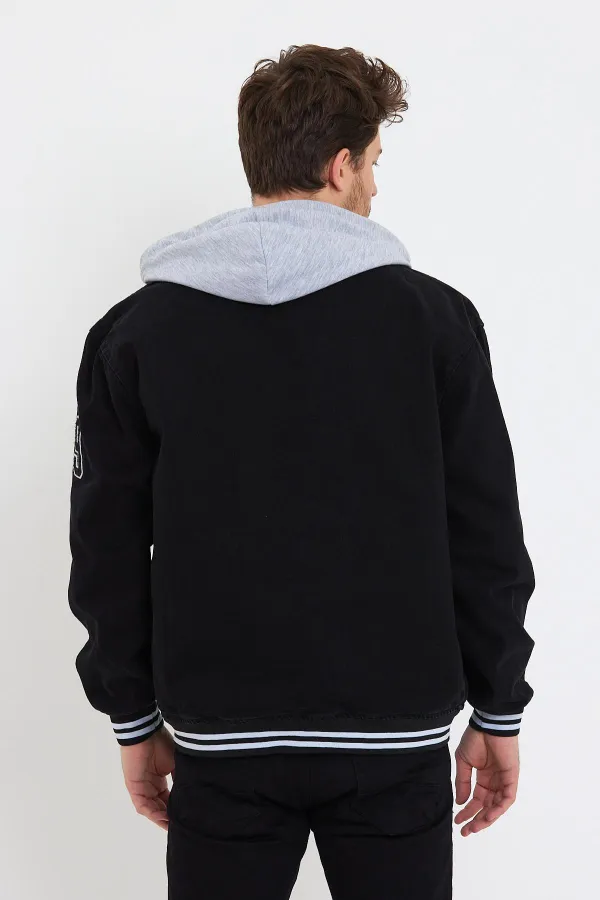 Veste universitaire en jean à capuche en coton et doublure en fourrure pour homme