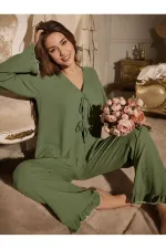 Green Front Tie Long Pajama Set