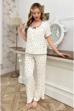 Retro Floral Patterned Bow Detailed Pajama Set