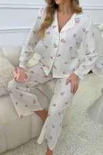 Women's Ecru Floral Printed Winter Long Pajama Set