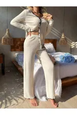 V Yaka Düğmeli Uzun Pijama Takımı