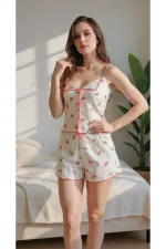 Ekru Pamuklu Çiçek Baskılı İp Askılı Pijama Takımı