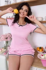 Jacquard Pembe Dantel Detaylı Şortlu Pijama Takımı