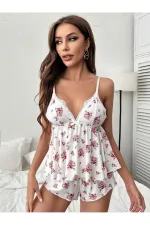 Çiçek Desenli Dantel Detaylı Pijama Takımı